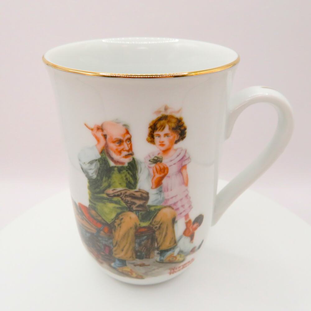 Norman Rockwell Mug The Cobbler 1982 Gold Rim Coffee Cup Museum Series